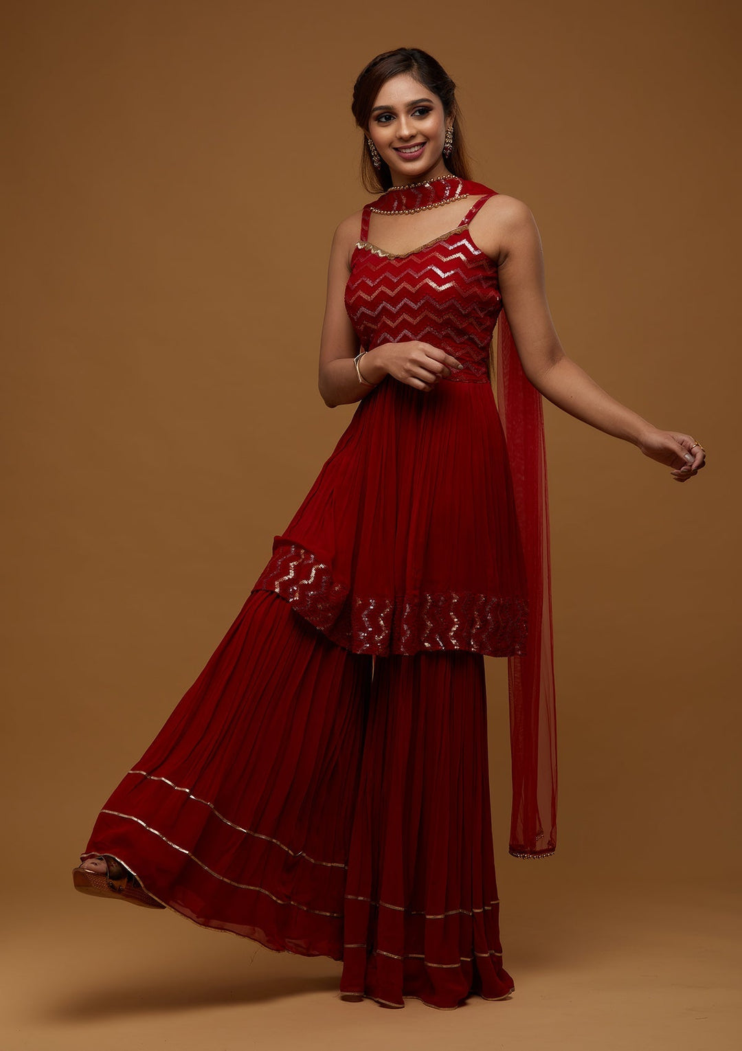 Red Sequins Georgette Designer Salwar Suit - Koskii