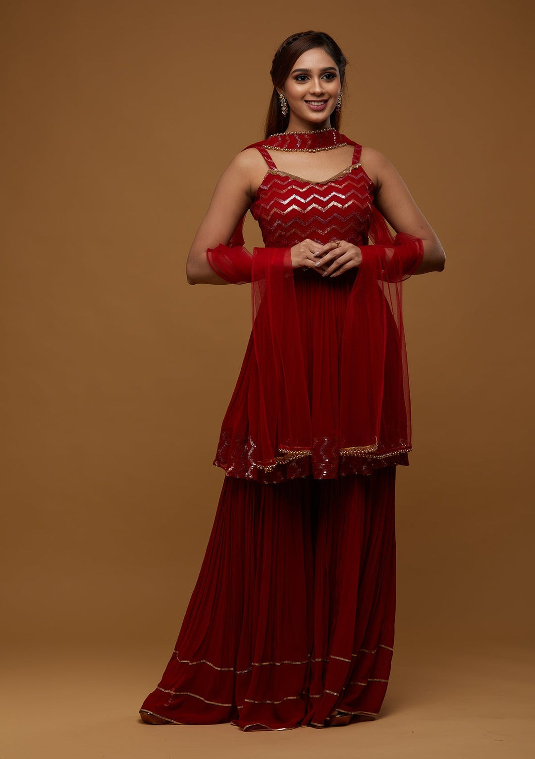 Red Sequins Georgette Designer Salwar Suit - Koskii