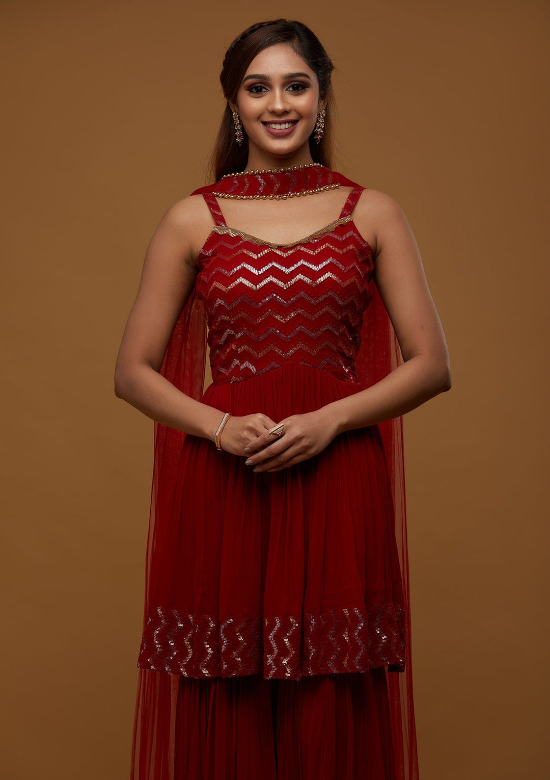 Red Sequins Georgette Designer Salwar Suit - Koskii
