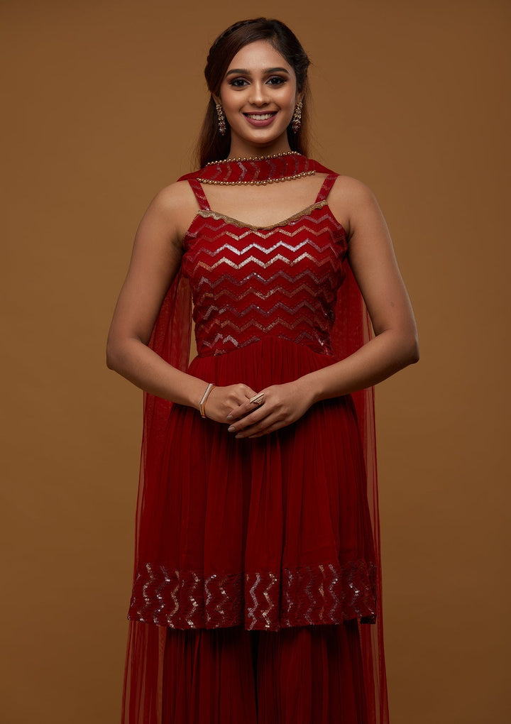 Red Sequins Georgette Designer Salwar Suit - Koskii