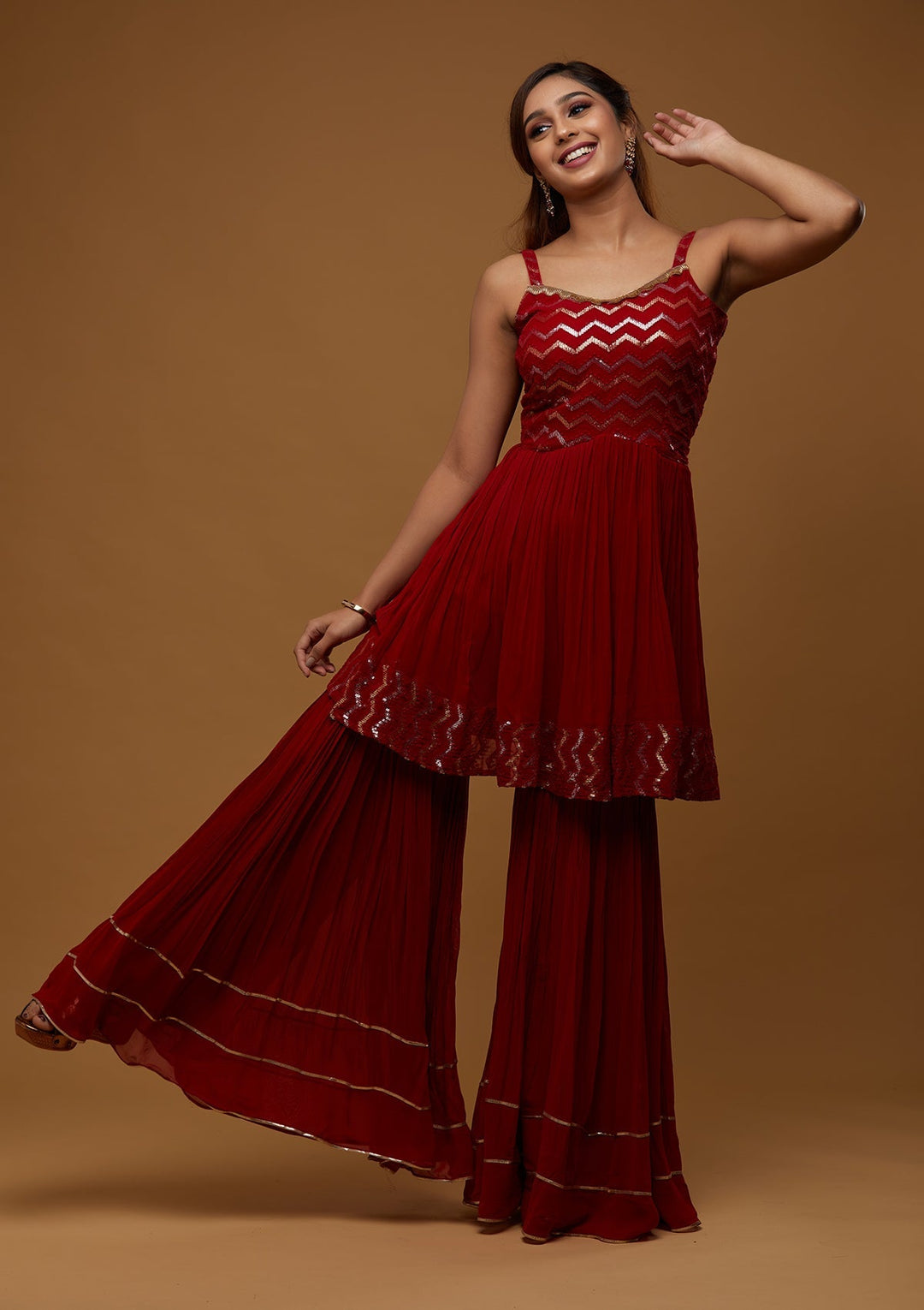 Red Sequins Georgette Designer Salwar Suit - Koskii