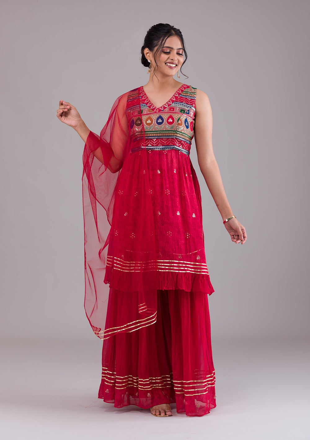 Red Sequins Georgette Salwar Suit-Koskii