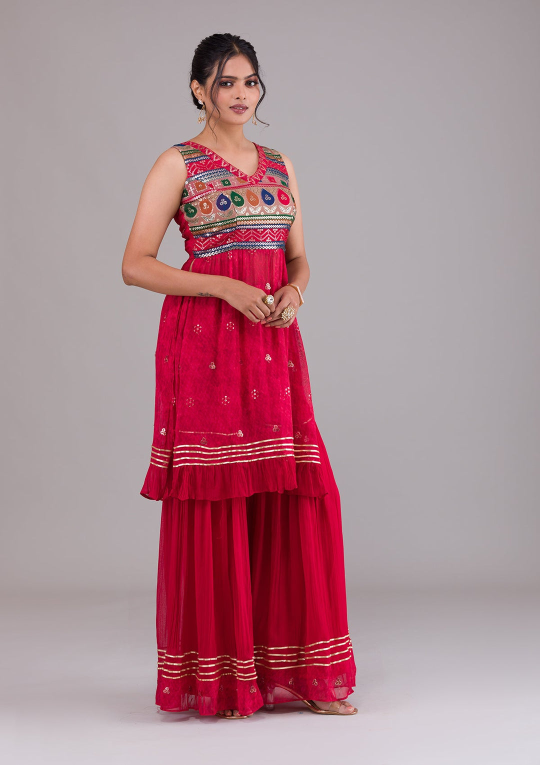 Red Sequins Georgette Salwar Suit-Koskii