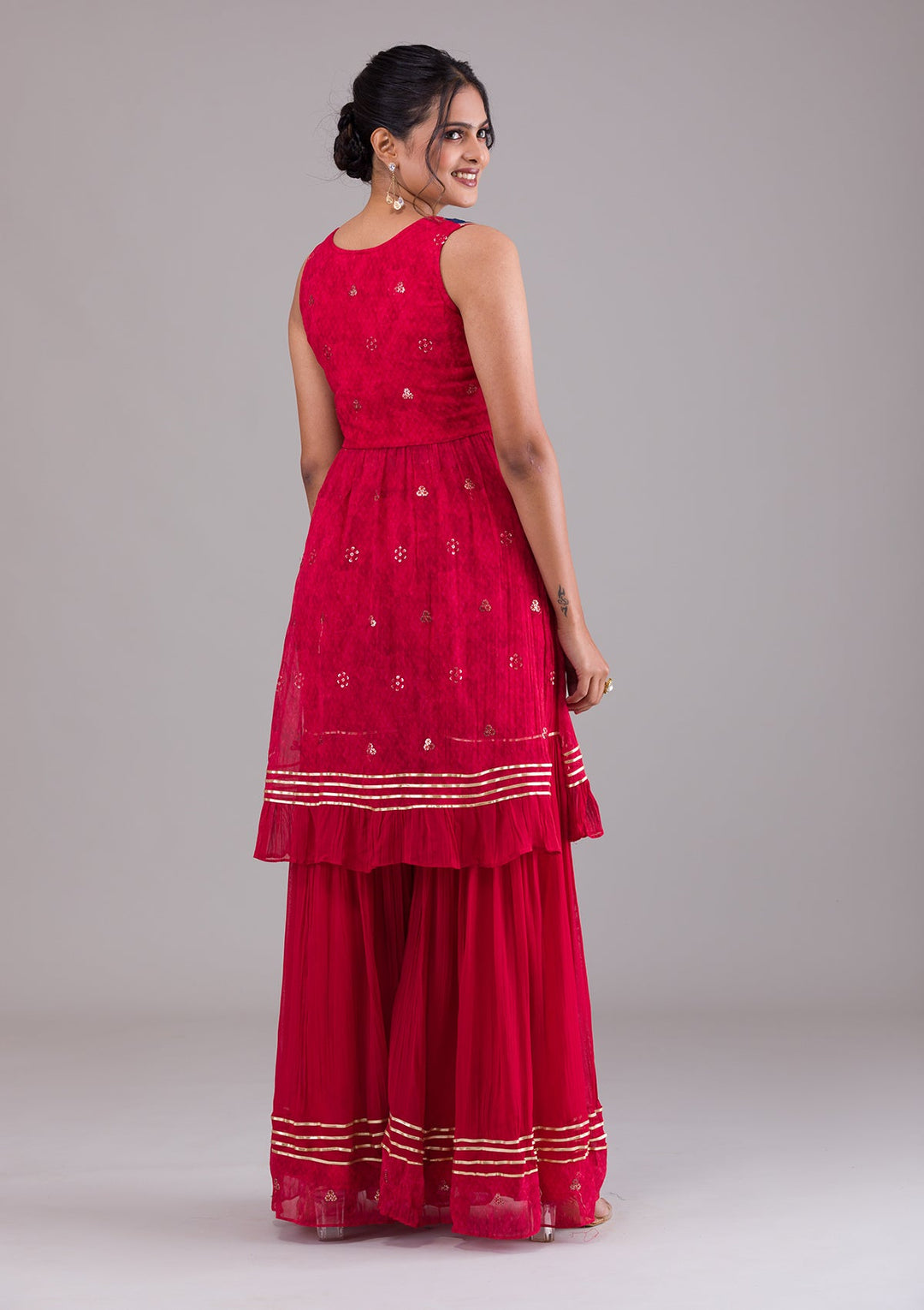 Red Sequins Georgette Salwar Suit-Koskii