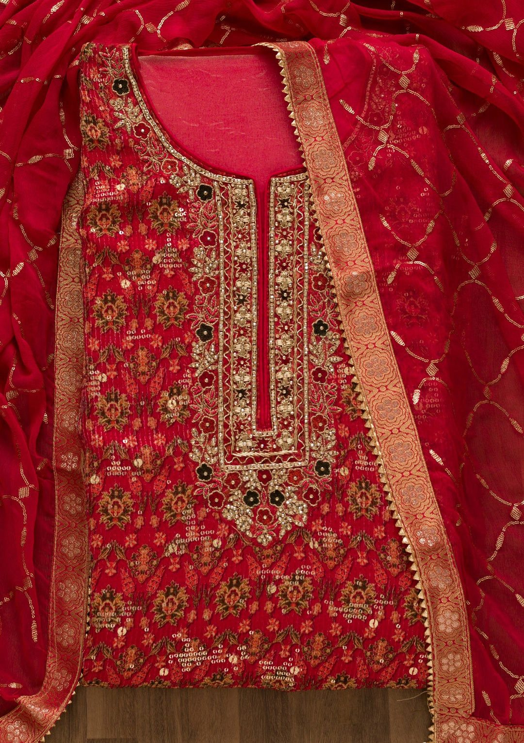 Red Sequins Georgette Unstitched Salwar Suit-Koskii