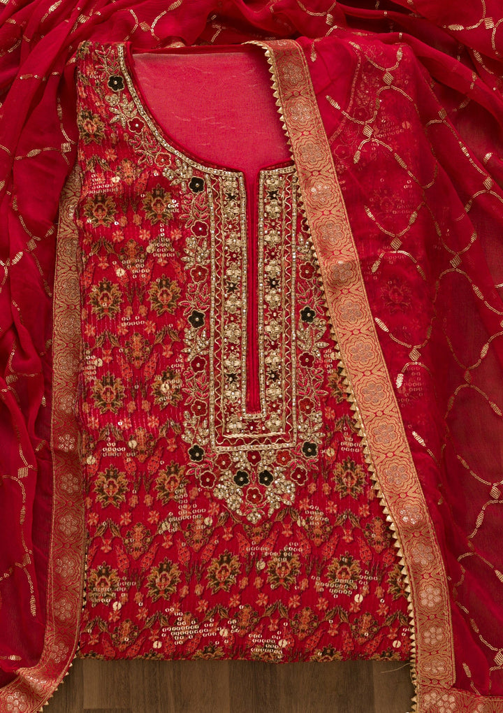 Red Sequins Georgette Unstitched Salwar Suit-Koskii