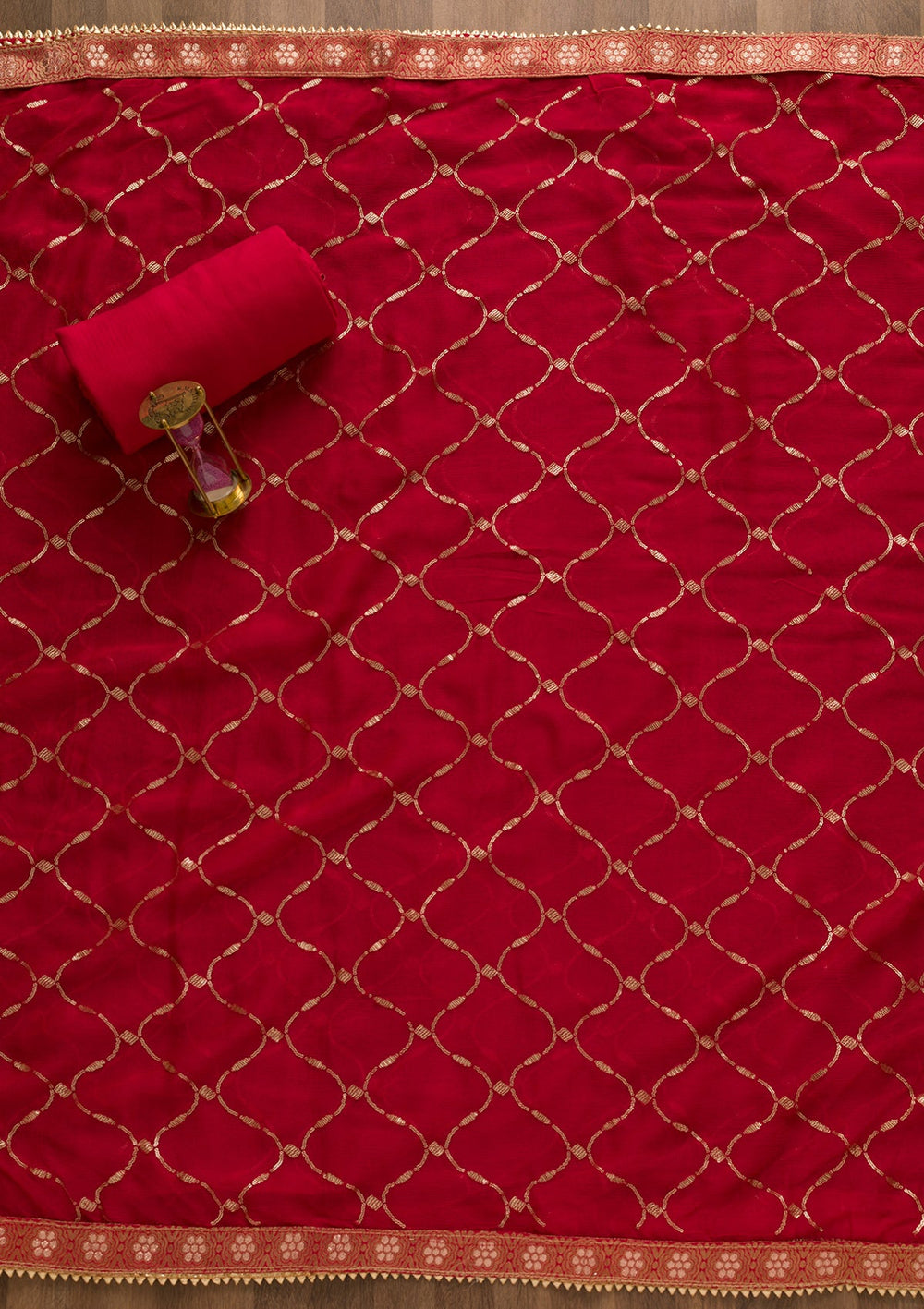 Red Sequins Georgette Unstitched Salwar Suit-Koskii