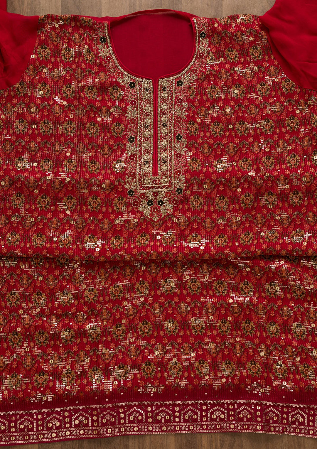 Red Sequins Georgette Unstitched Salwar Suit-Koskii