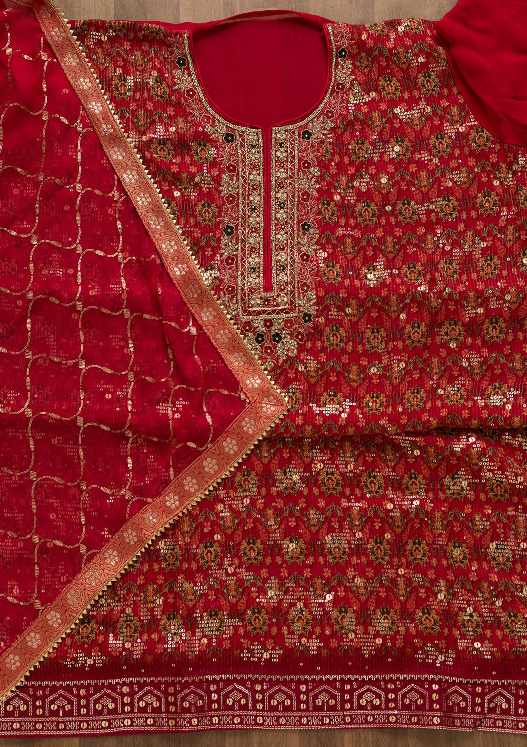 Red Sequins Georgette Unstitched Salwar Suit-Koskii