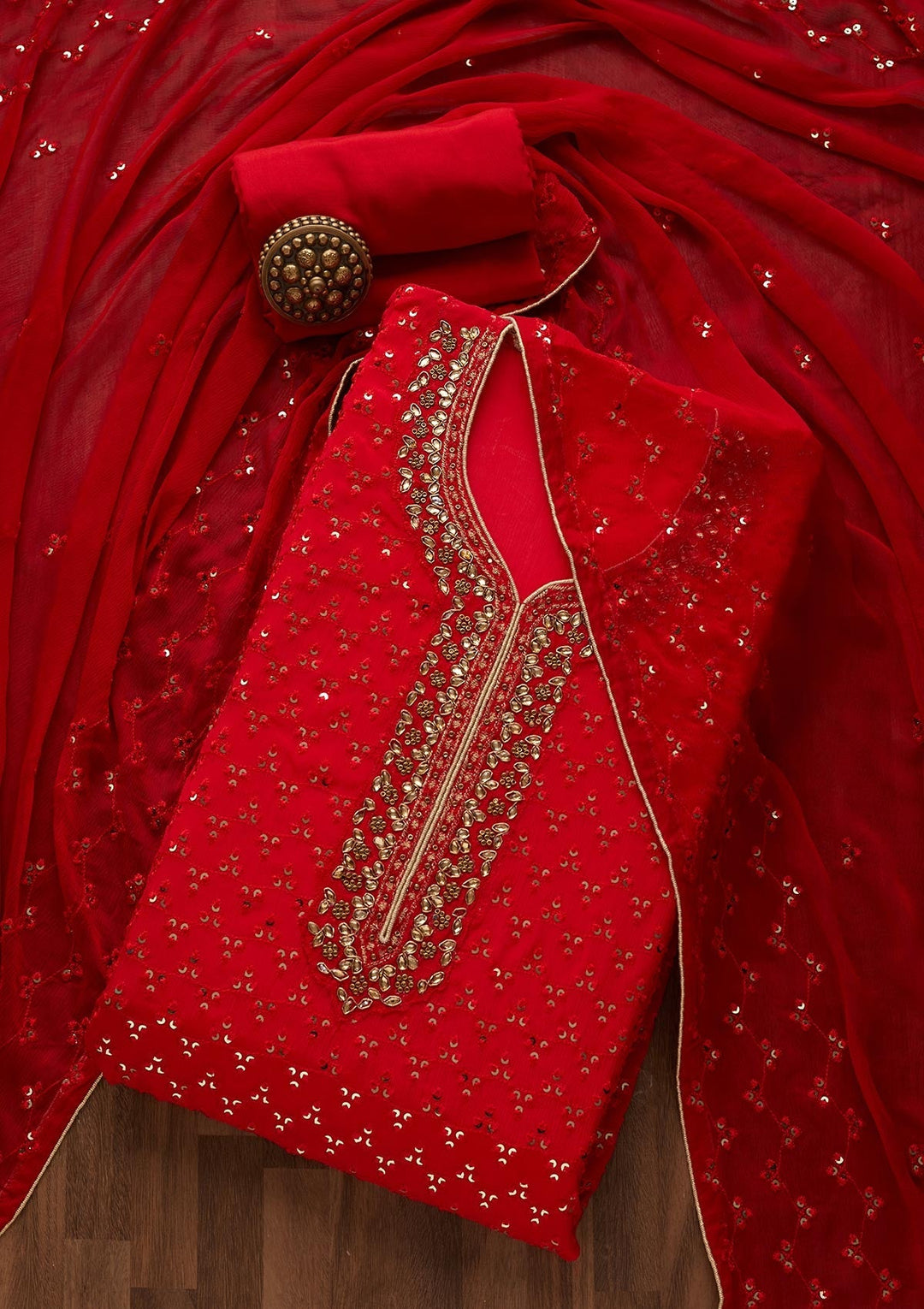 Red Sequins Georgette Unstitched Salwar Suit - Koskii