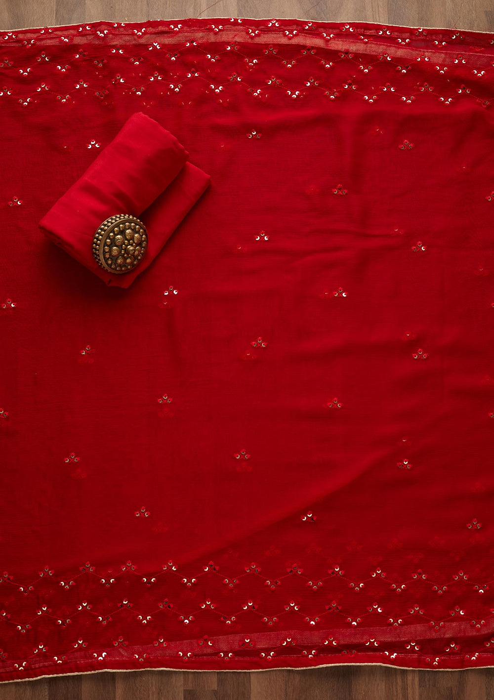 Red Sequins Georgette Unstitched Salwar Suit - Koskii