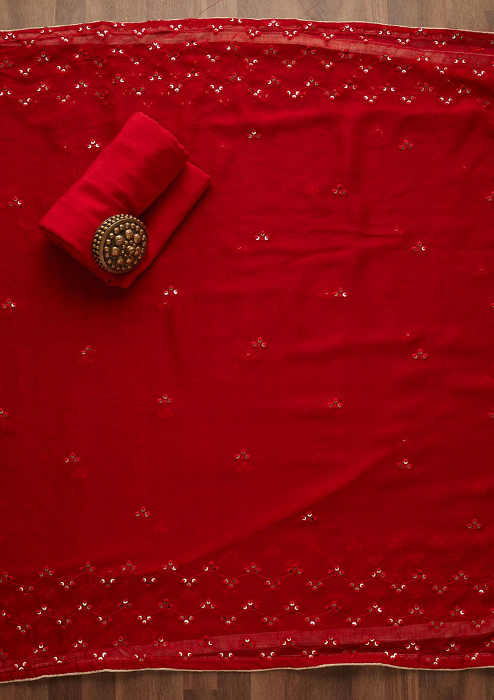 Red Sequins Georgette Unstitched Salwar Suit - Koskii