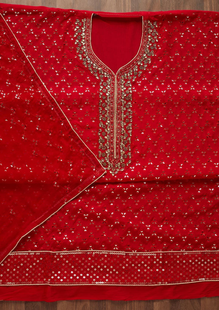 Red Sequins Georgette Unstitched Salwar Suit - Koskii