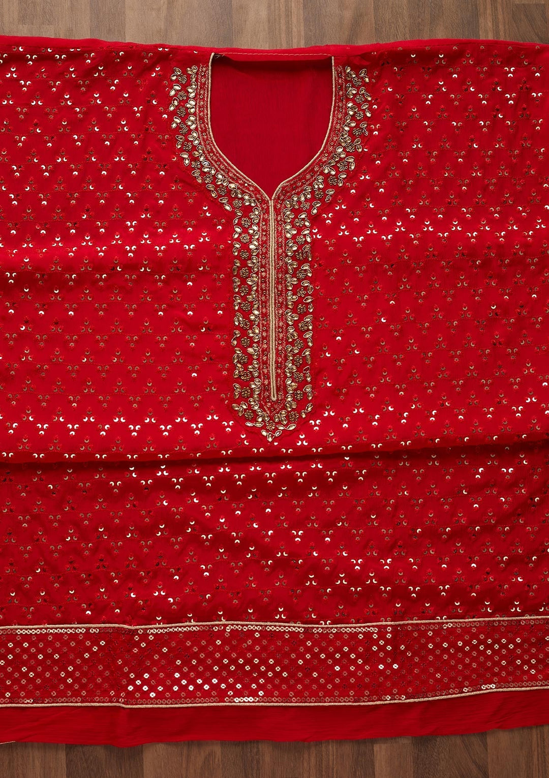 Red Sequins Georgette Unstitched Salwar Suit - Koskii