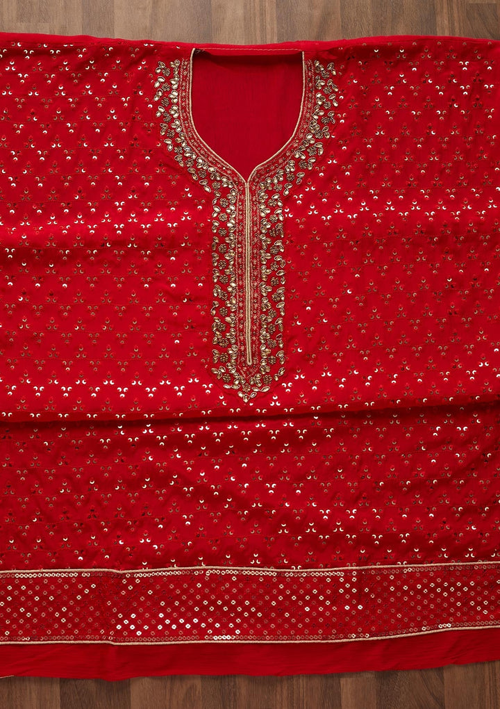 Red Sequins Georgette Unstitched Salwar Suit - Koskii
