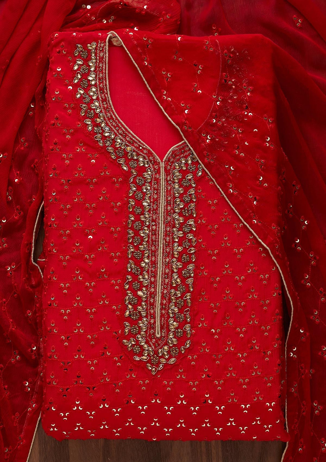 Red Sequins Georgette Unstitched Salwar Suit - Koskii