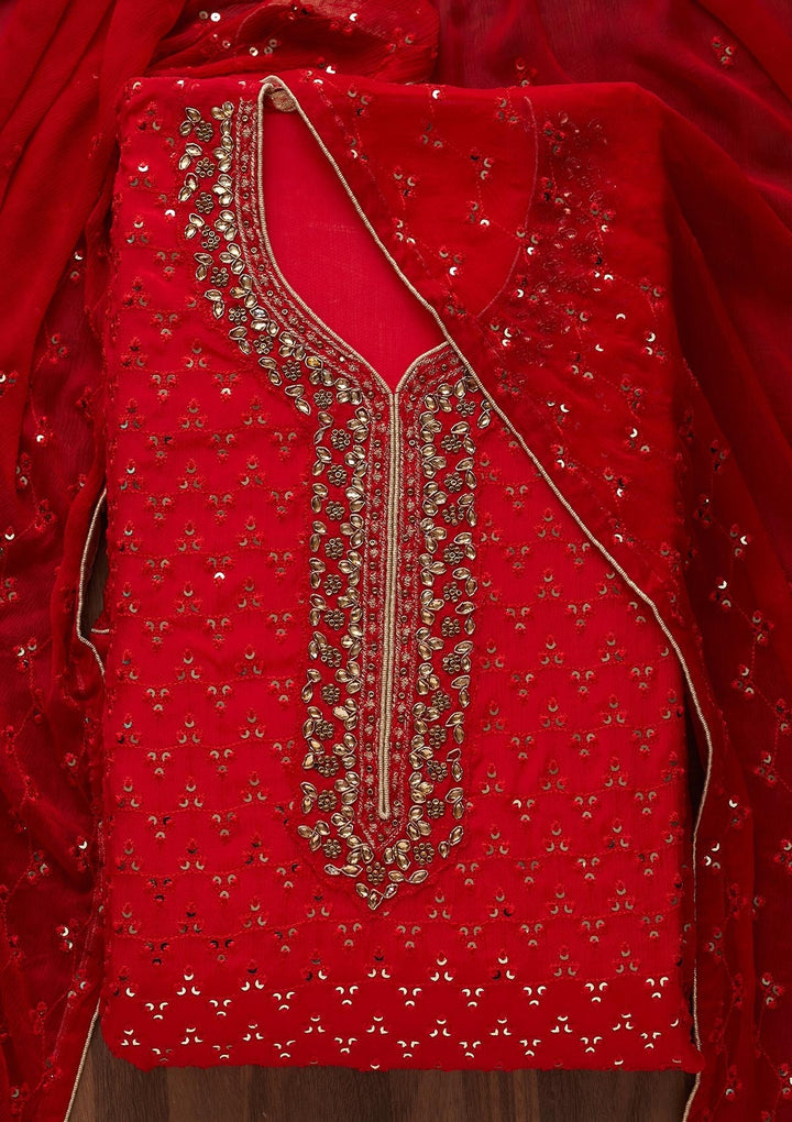 Red Sequins Georgette Unstitched Salwar Suit - Koskii