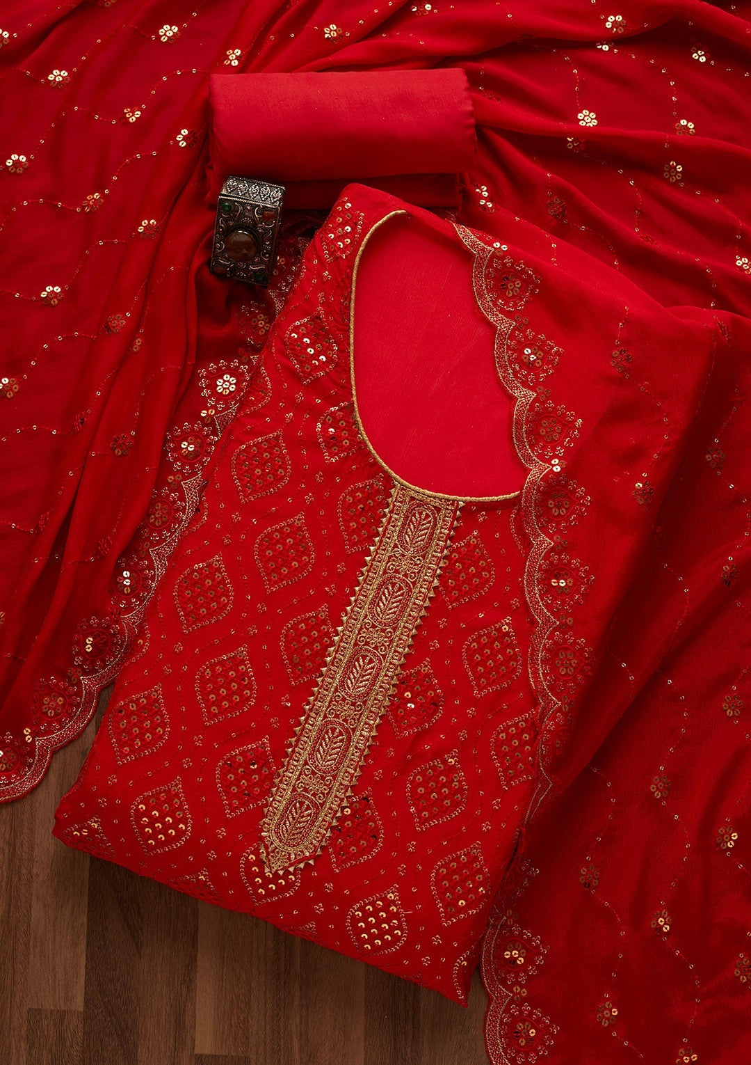 Red Sequins Georgette Unstitched Salwar Suit-Koskii