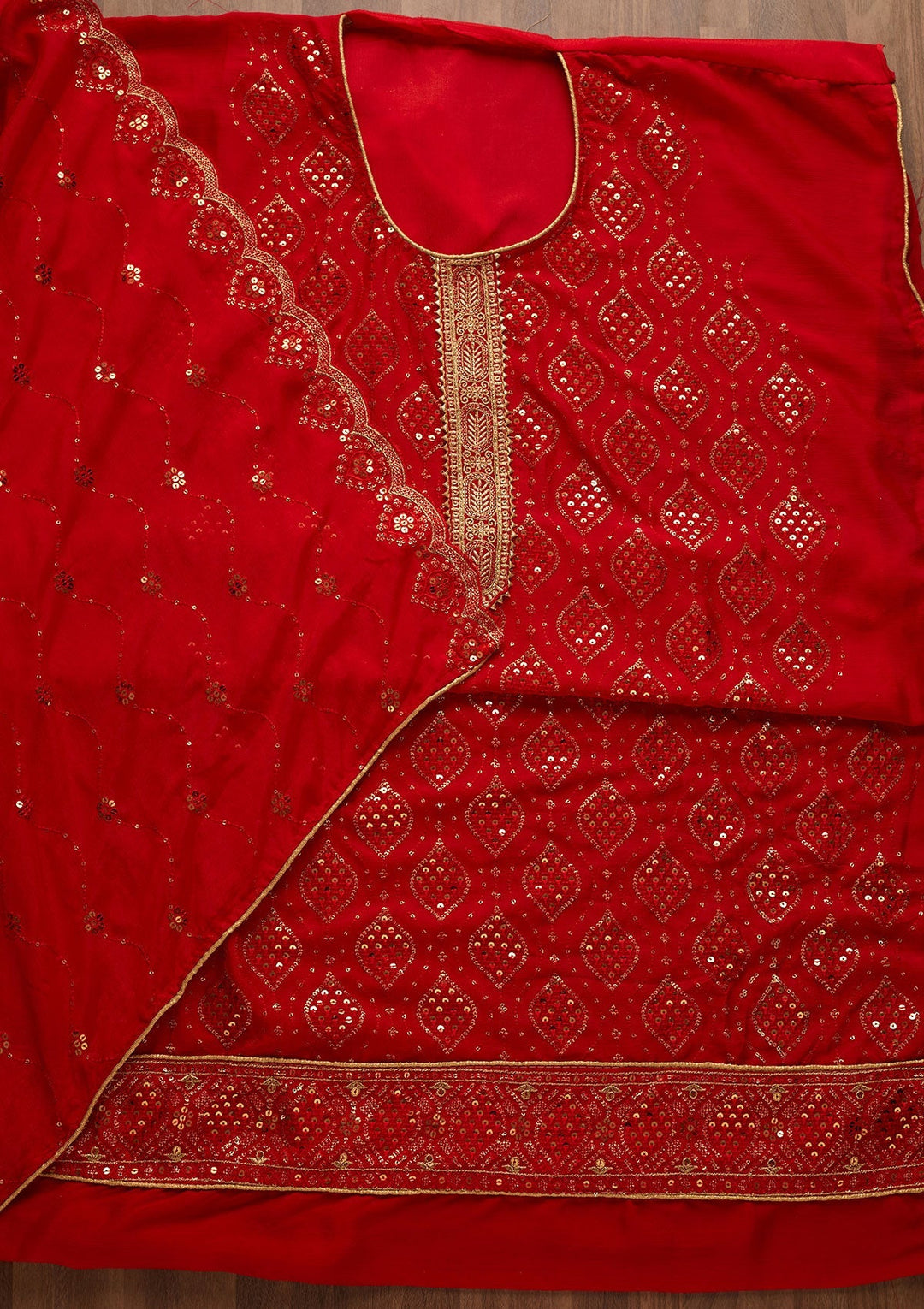 Red Sequins Georgette Unstitched Salwar Suit-Koskii