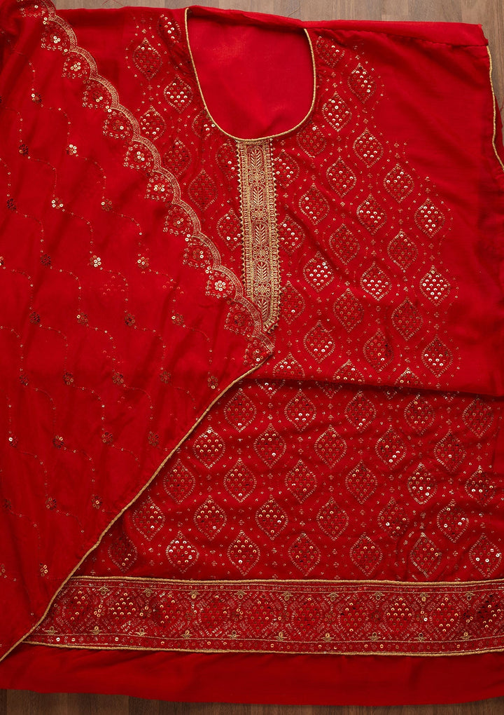 Red Sequins Georgette Unstitched Salwar Suit-Koskii