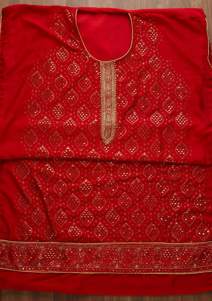 Red Sequins Georgette Unstitched Salwar Suit-Koskii