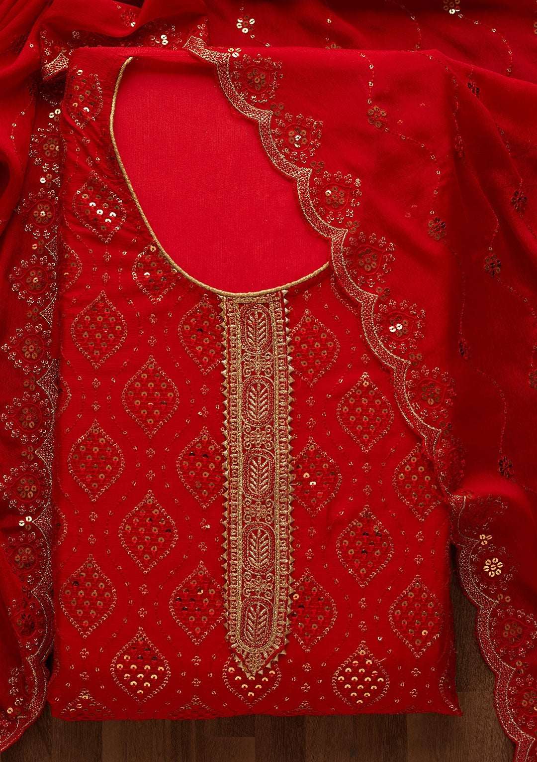 Red Sequins Georgette Unstitched Salwar Suit-Koskii