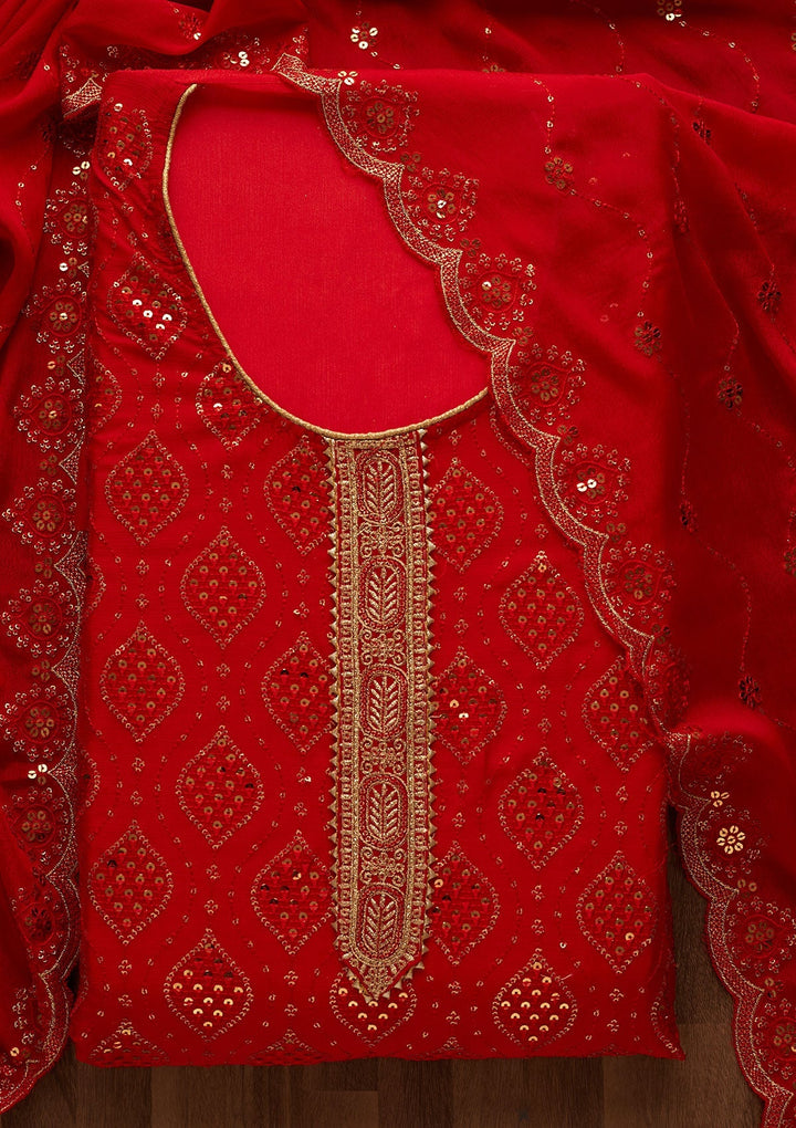 Red Sequins Georgette Unstitched Salwar Suit-Koskii