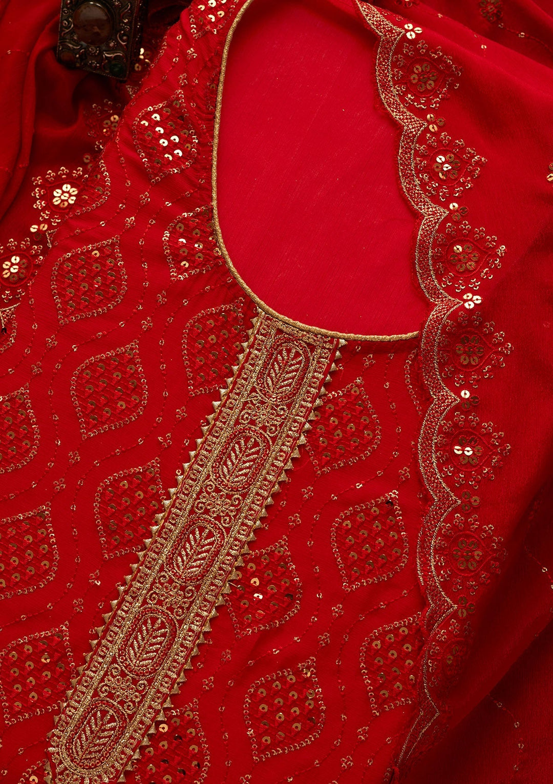 Red Sequins Georgette Unstitched Salwar Suit-Koskii