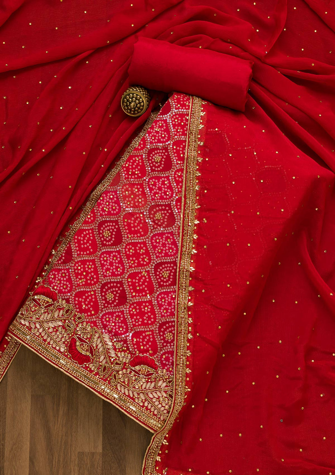 Red Bandhani Georgette Unstitched Salwar Kameez-Koskii
