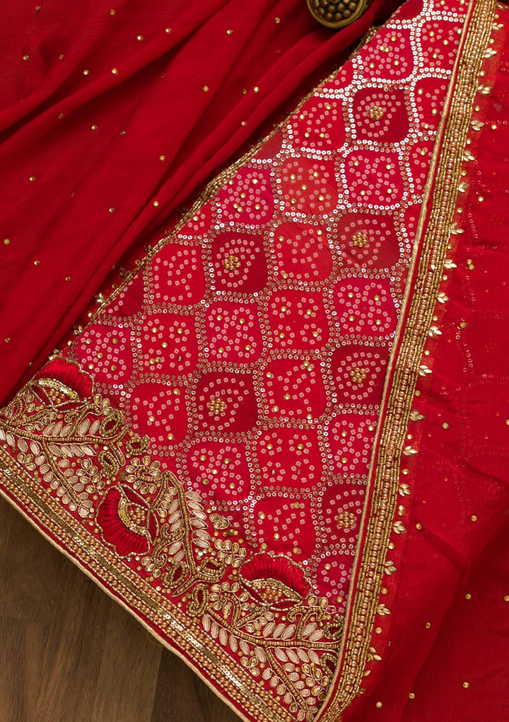 Red Bandhani Georgette Unstitched Salwar Kameez-Koskii