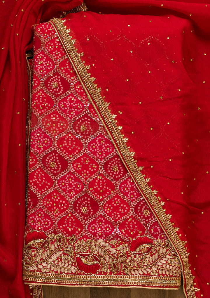 Red Bandhani Georgette Unstitched Salwar Kameez-Koskii
