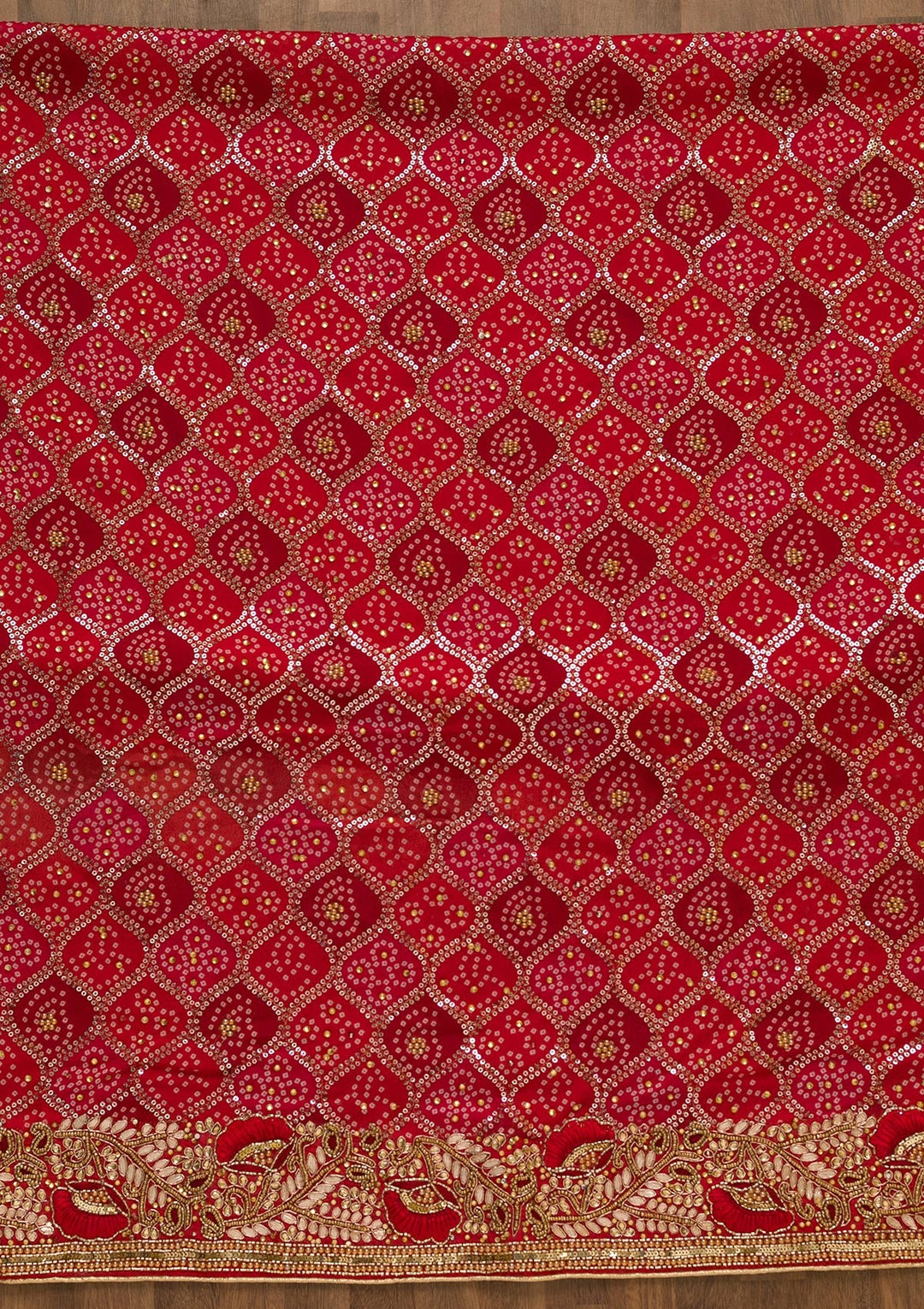 Red Bandhani Georgette Unstitched Salwar Kameez-Koskii
