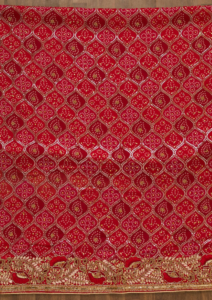 Red Bandhani Georgette Unstitched Salwar Kameez-Koskii