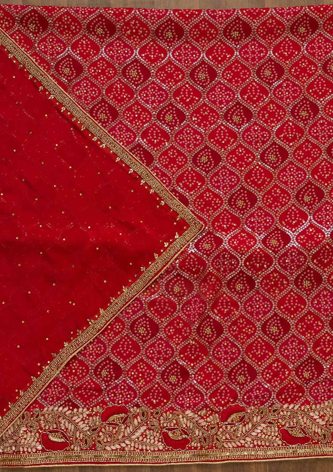 Red Bandhani Georgette Unstitched Salwar Kameez-Koskii