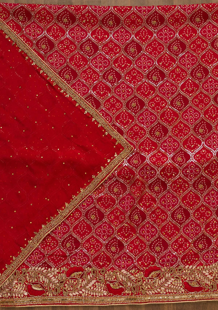 Red Bandhani Georgette Unstitched Salwar Kameez-Koskii