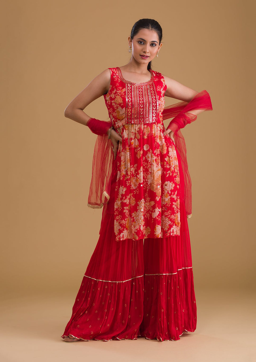 Red Sequins Georgette Designer Salwar Suit-Koskii