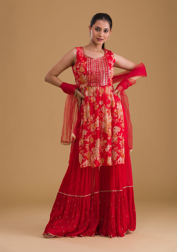 Red Sequins Georgette Designer Salwar Suit-Koskii