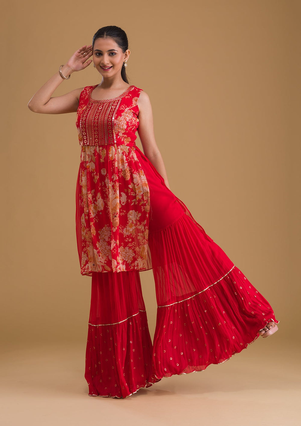 Red Sequins Georgette Designer Salwar Suit-Koskii