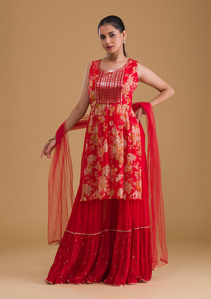 Red Sequins Georgette Designer Salwar Suit-Koskii