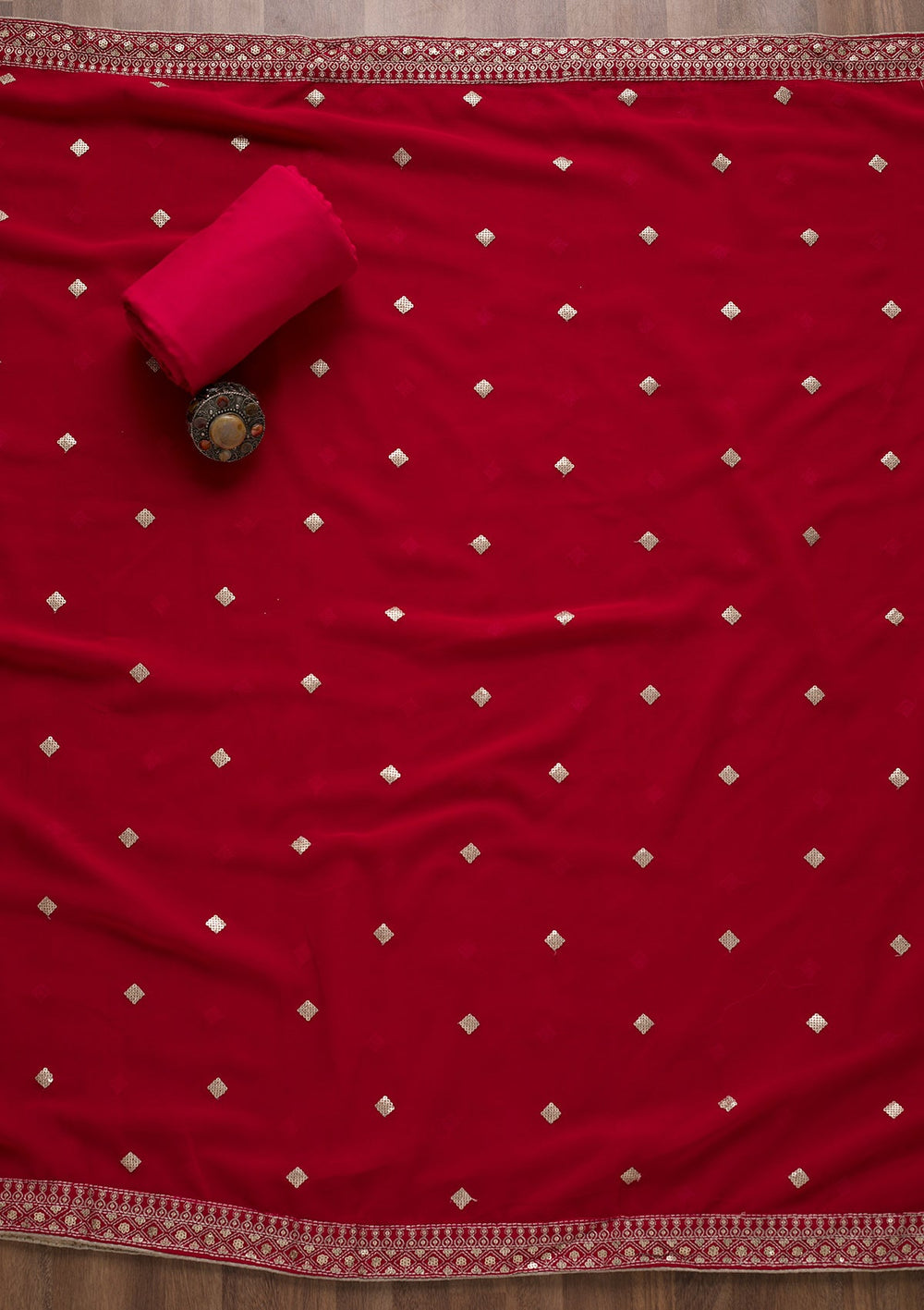 Red Sequins Georgette Unstitched Salwar Suit-Koskii