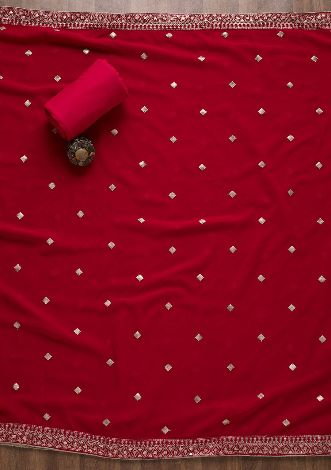 Red Sequins Georgette Unstitched Salwar Suit-Koskii