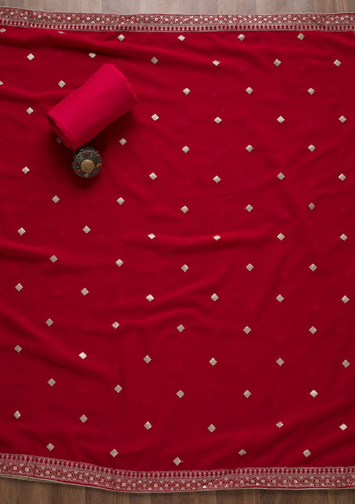 Red Sequins Georgette Unstitched Salwar Suit-Koskii