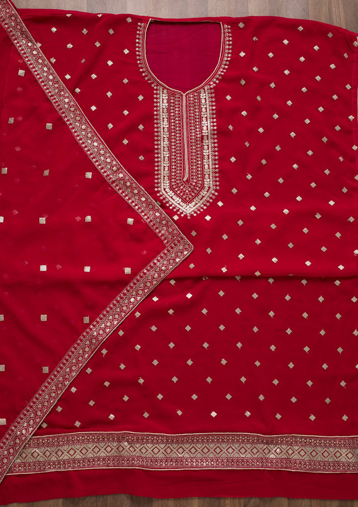 Red Sequins Georgette Unstitched Salwar Suit-Koskii