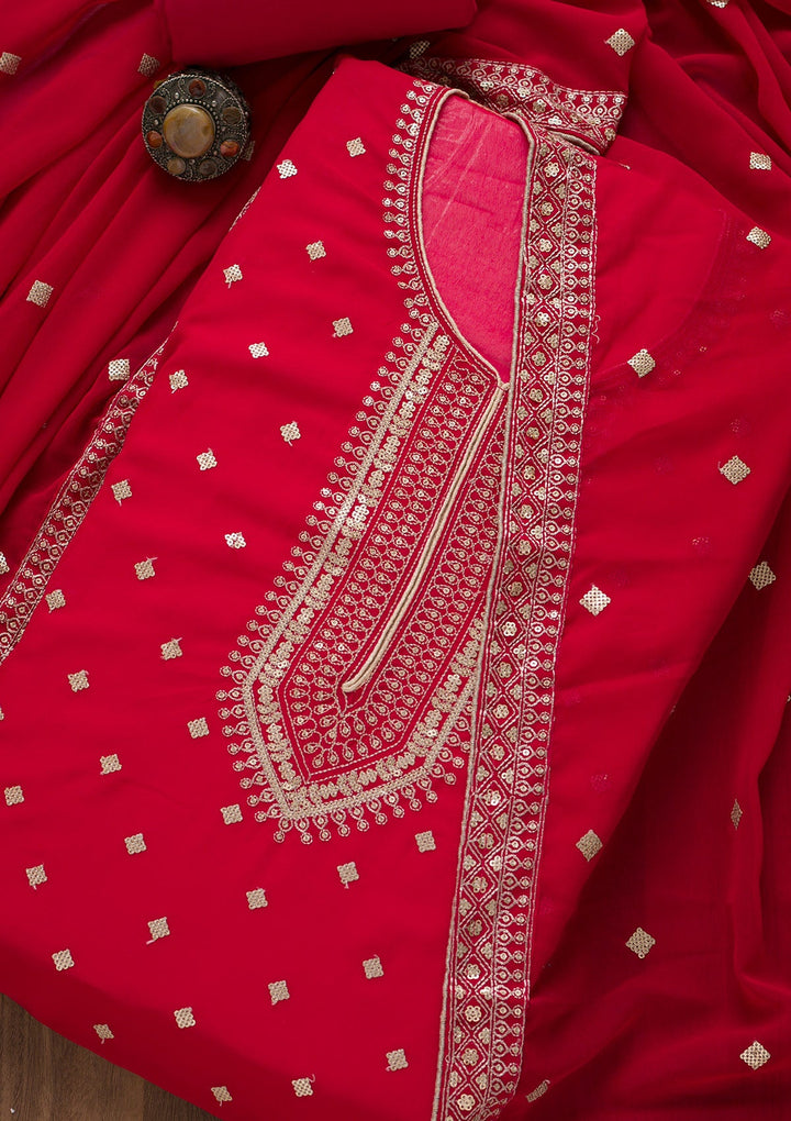 Red Sequins Georgette Unstitched Salwar Suit-Koskii