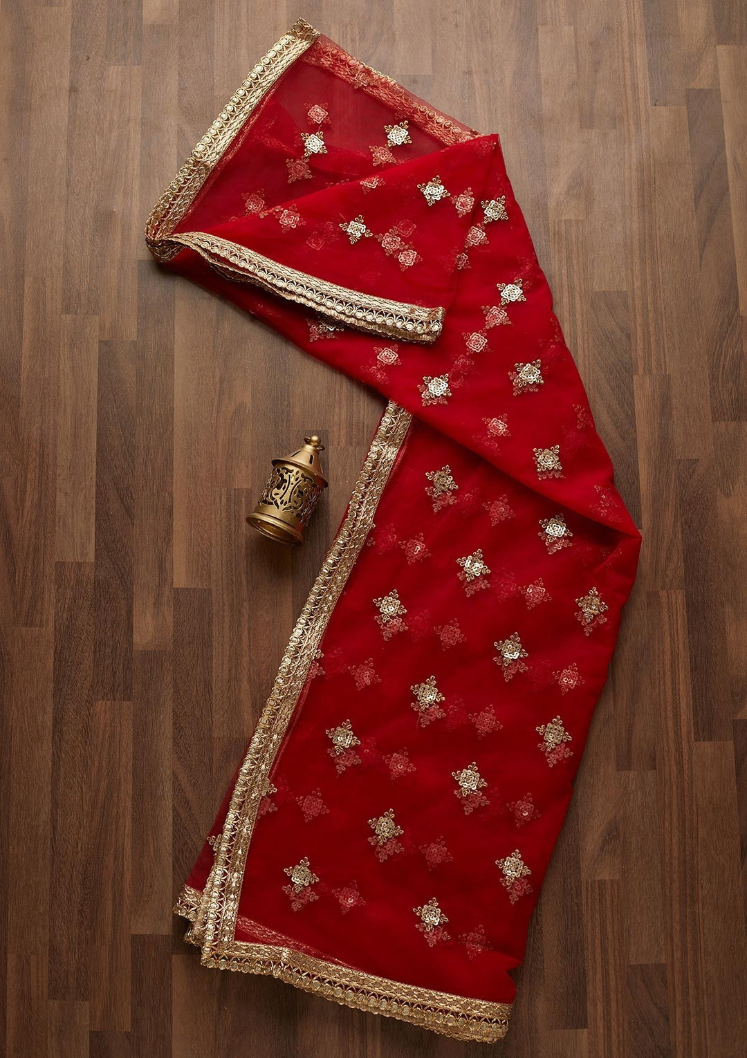 Red Sequins Net Readymade Dupatta- Koskii