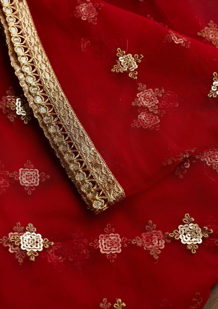 Red Sequins Net Readymade Dupatta - Koskii