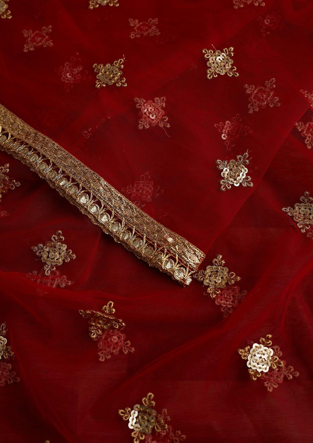 Red Sequins Net Readymade Dupatta - Koskii