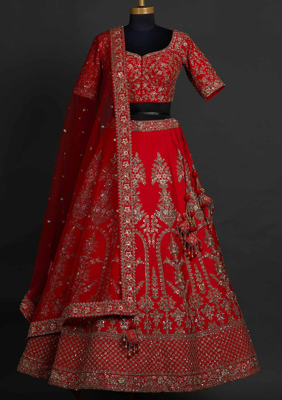 Red Sequins Raw Silk Designer Lehenga - koskii