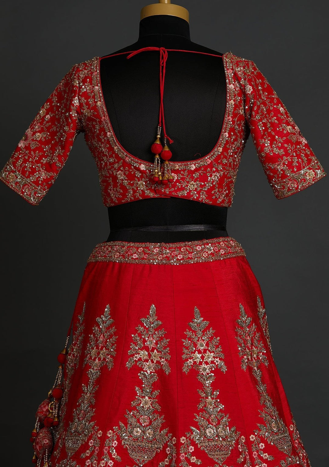 Red Sequins Raw Silk Designer Lehenga - koskii