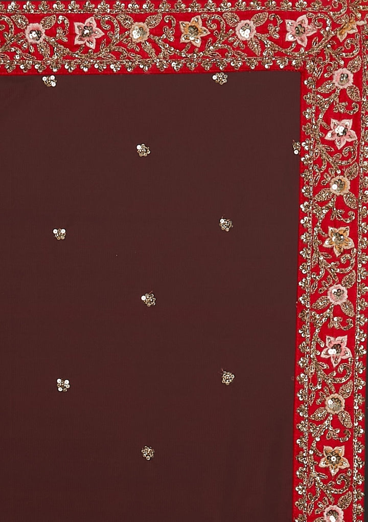 Red Sequins Raw Silk Designer Lehenga - koskii